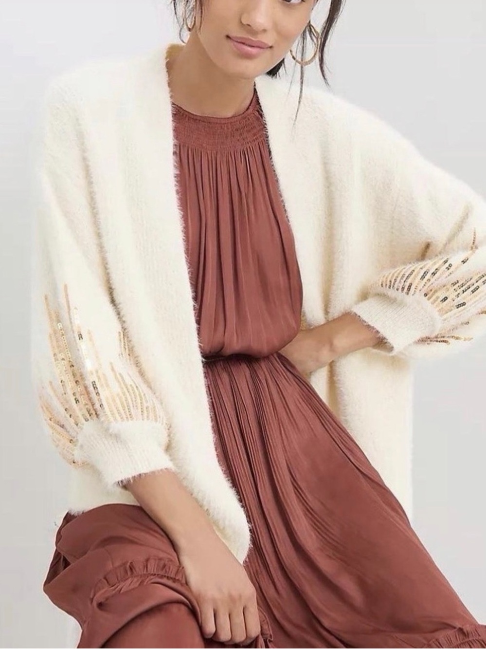 Anthropologie Ivory Fuzzy Open Cardigan with Gold Sequin Sleeve Detail